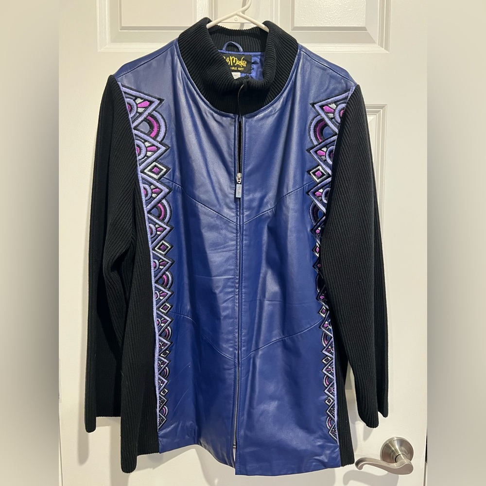 Bob Mackie Blue Leather Jacket with Black and Purple Details - Size 1X